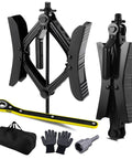 Heavy Duty X Shaped RV Wheel Chock Stabilizer Kit With Wrench Includes Socket Adapter Gloves And Storage Bag Anti Move Tire Chocks For Travel Trailers Fits 3.5 To 12 Inch Wheel Gaps showing stabilizers, wrench, gloves, adapter, and bag.