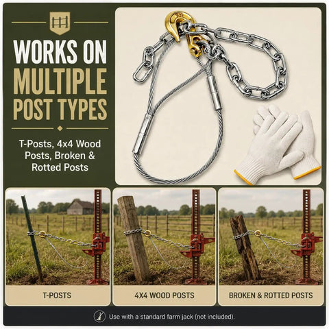 Heavy Duty Fence Post Puller Kit For T Posts And 4x4 Wood Posts With 10000 Lbs Cable Pro Farm Jack Extractor shown in use