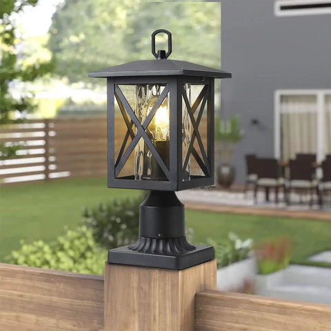 Seventeen Inch High Outdoor Post Light Set With Pier Mount Base Matte Black Lantern Featuring Clear Water Glass