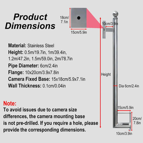 Built Tough Heavy Duty Stainless Steel Security Camera Poles And Outdoor Surveillance Posts For Bullet Dome And Wall Mounted Cams Featuring Rust Proof Design And Flexible Heights For Serious Warehouse Protection, showing product dimensions and specifications.