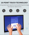 Hands interacting with 18.5 Inch Android 11 All In One Touchscreen Monitor Featuring Rock Solid Fhd Graphics, showing 10-point touch technology.