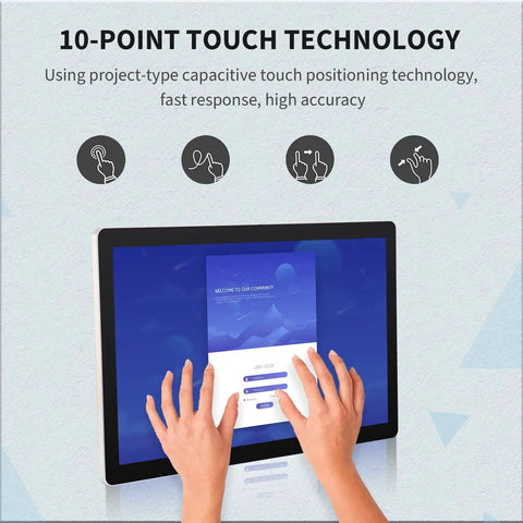 Hands interacting with 18.5 Inch Android 11 All In One Touchscreen Monitor Featuring Rock Solid Fhd Graphics, showing 10-point touch technology.