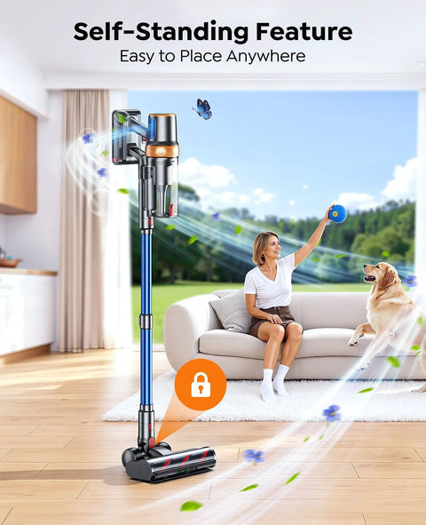 Cordless vacuum cleaner with blue wand, self-standing design, mattress cleaning tool for pet hair on floors