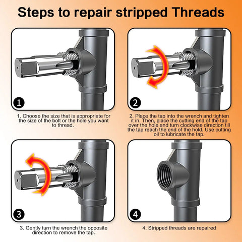 Illustration showing steps to repair stripped threads using Precision Half Inch NPT Pipe Tap With 14 Threads Per Inch for Plumbers Mechanics and DIY Enthusiasts High Carbon Steel Cutting Tool With Heat Treated Strength Long Lifespan And Protective Case DeckRKAT.
