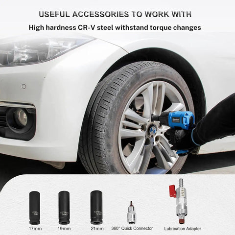 Drop Dead Tough 1/2 Air Impact Wrench With 1150 Ft Lbs Beastly Torque And Double Hammer Design in use with socket set for tire work.