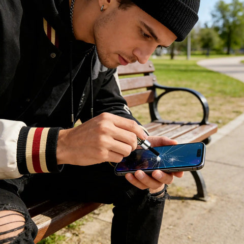 Person using Fast Dry Glass Repair Liquid 5ml Nano Tech Crack Filler Must Have For Windshields And Glass on smartphone screen