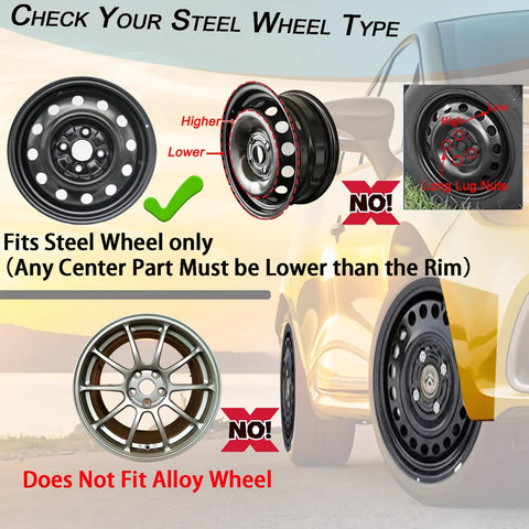 Diagram showing Universal 16 Inch Steel Wheel Hub Cap Covers Set of 4 for Cars with fitment guide for steel non-alloy rims