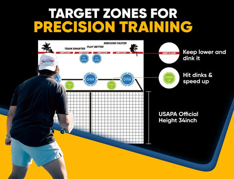 Two In One Pickleball Rebounder Net With Kitchen Line System For Solo Practice And Dinks Volleys And Drives Training Net With Carry Bag For Backyard Driveway And Garage focusing on precision training target zones.