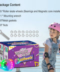 Package contents with Eight Pack 82A Light Up Roller Skate Wheels 54x32mm With Bearings Installed Self Powered No Battery Required