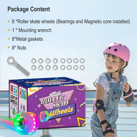 Package contents with Eight Pack 82A Light Up Roller Skate Wheels 54x32mm With Bearings Installed Self Powered No Battery Required