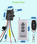 Waterproof forward/reverse switch module with wiring harness, plus white handheld remote and black keychain remote