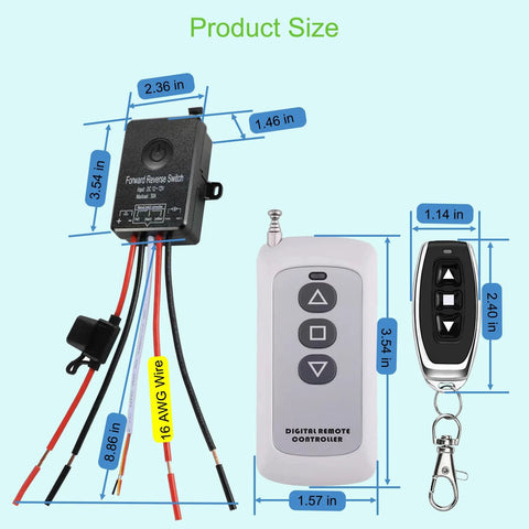 Front view of idealWIN DC 12V–72V waterproof forward/reverse switch kit with wires, remote controller, and key fob