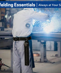 Welder using Flame Resistant Welding Rod Bag And Leather Electrode Holder with Belt Loops and Rivets on waist