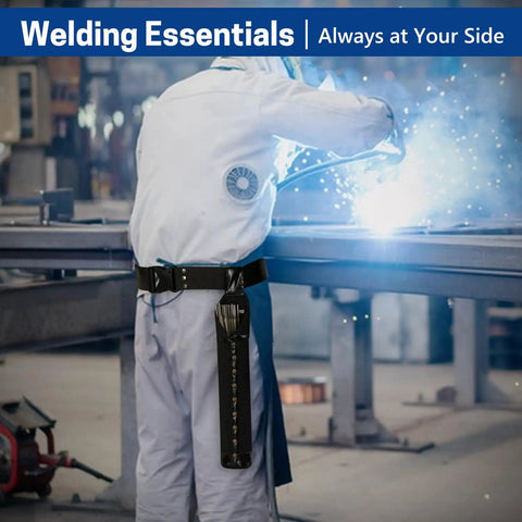 Welder using Flame Resistant Welding Rod Bag And Leather Electrode Holder with Belt Loops and Rivets on waist