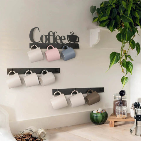 Coffee Mug Wall Rack With 12 Heavy Duty Hooks And Metal Sign For Coffee Bar Kitchen And Office Space Saving Wall Mounted Mug Organizer With Easy Access And Rustic Modern Style featuring mugs on three black racks
