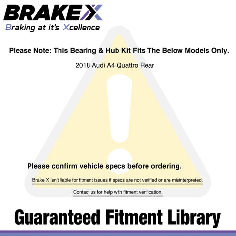 Warning sign for Rear Left Wheel Bearing And Hub Assembly For 2018 Audi A4 Quattro HC Series Premium Replacement specifications check.