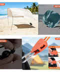 Three Pack Beach Shade Accessories Kit with nylon ropes and ratchet pulleys showing setup and stabilization process