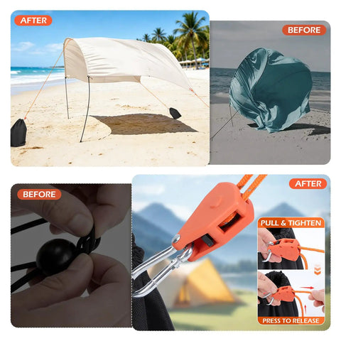 Three Pack Beach Shade Accessories Kit with nylon ropes and ratchet pulleys showing setup and stabilization process