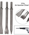 Heavy Duty Air Hammer Kit With 3 Long Bits For Punching And Chipping Metal Perfect For Auto Repair And Construction Jobs Where You Need Serious Power And Precision. 3 pcs steel air hammer chisel set