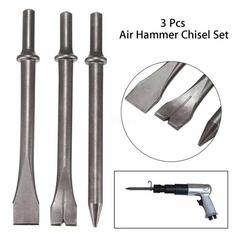 Heavy Duty Air Hammer Kit With 3 Long Bits For Punching And Chipping Metal Perfect For Auto Repair And Construction Jobs Where You Need Serious Power And Precision. 3 pcs steel air hammer chisel set