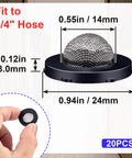 20 Pack Stainless Steel Hose Filter Washers With Screen Inlet Strainer For 3/4 Inch Garden Hose Connector And 5/8 Inch Washing Machine, Pro Grade Inline Water Filter Set shown with dimensions.