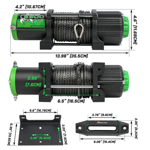 Beefy 5500lb Off Road ATV UTV Winch With 12V Electric Power, 1/4 Inch By 50 Foot Synthetic Rope, Wireless Remote And Wired Switch, Hawse Fairlead, IP67 Waterproof, Heavy Duty Winch For Mud And Rough Trails, size diagram