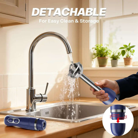 Corded Immersion Blender With 400 Watt Copper Motor And Two Speed Modes BPA Free cleaning under faucet in kitchen.