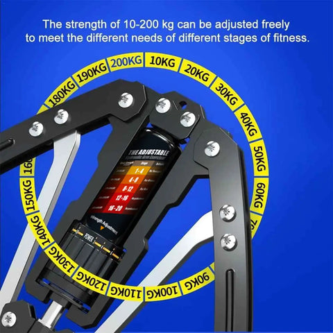 Get Pumped With East Mount Twister Arm Exerciser Featuring Adjustable 22-440 Lbs Hydraulic Power For Home Chest Expanding And Shoulders Muscle Training Fitness Equipment That Is Built To Last With Durable Double Layer Steel Tube Construction For Maximum showing adjustable resistance settings from 10 to 200 kg.