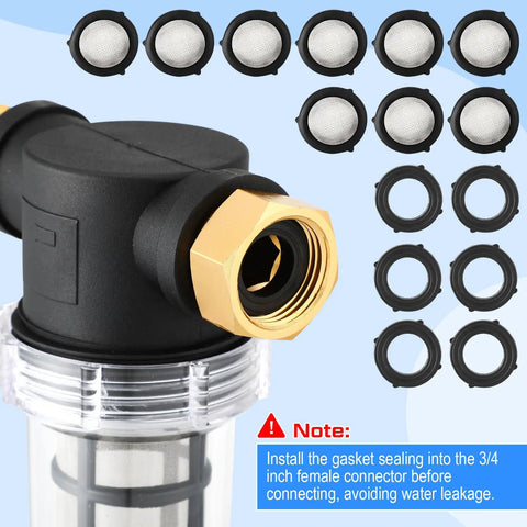 No Nonsense Inline Garden Hose Filter Set With 40 And 100 Mesh Screens, shown with gaskets and connector instruction