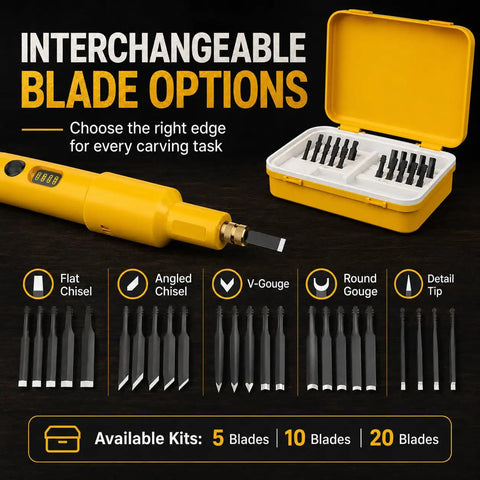 Interchangeable blades for No Fuss Cordless Electric Wood Carving Tool With Kickass Battery Life And Hella Smooth Blade Swaps.