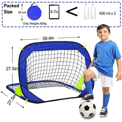 Pop Up Soccer Goals For Backyard And Beach Training Portable Foldable Lightweight Indoor Outdoor Football Goal With Carry Bag Quick Setup In Under A Minute No Tools Needed For Instant Fun On The Go, shown with boy and soccer ball.