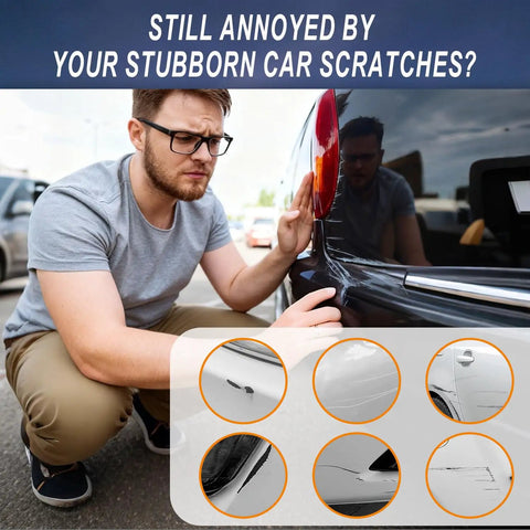 Man inspecting car scratches with 2 In 1 Car Scratch Repair Kit With Color Accurate Touch Up Paint For Cars Quick Drying Safe Easy To Use