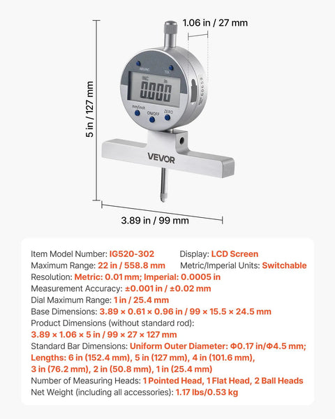 Beast Depth Micrometer Gauge Digital with 0-22 Inch Range 0.0005 Inch Precision and Four Anvils, shown with dimensions and LCD display.
