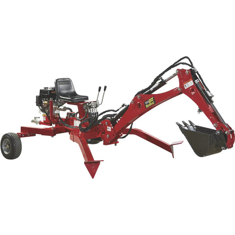 Towable Backhoe Trencher With 15 HP Gas Engine 80 Inch Digging Depth 14 Inch Wide Bucket on white background