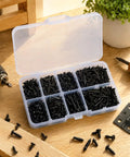 Top Shelf Black Phillips Self Tapping Screws 800 Piece Assortment Kit in clear case with assorted sizes displayed.