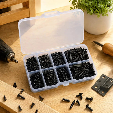 Top Shelf Black Phillips Self Tapping Screws 800 Piece Assortment Kit in clear case with assorted sizes displayed.