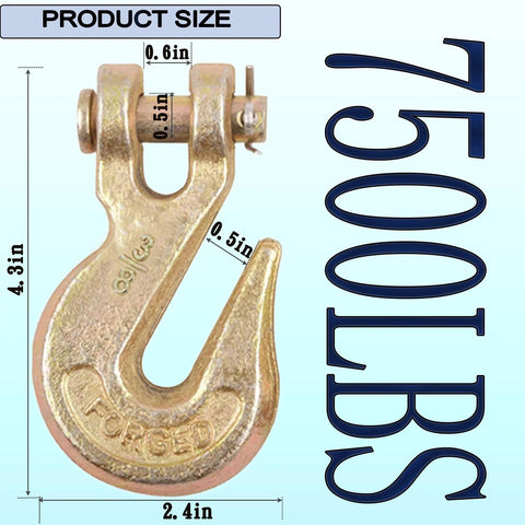 Close-up of a forged clevis grab hook with dimensions, 2.4x4.3 inches, 750 lbs capacity.