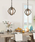 Farmhouse Wood Pendant Light for Kitchen Island with Adjustable Chain 1 Light Rustic Fixture over dining table.