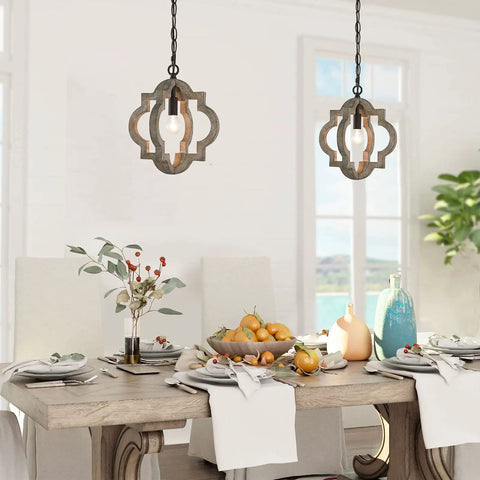 Farmhouse Wood Pendant Light for Kitchen Island with Adjustable Chain 1 Light Rustic Fixture over dining table.