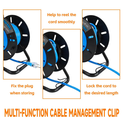 Heavy Duty Extension Cord Reel With Four Grounded Outlets And 10A Circuit Breaker, retractable wind features in use
