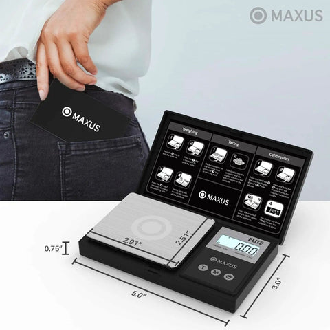 Digital Pocket Gram Scale 500g 0.01g Precision With Tray displayed in hand and pocket for portability demonstration