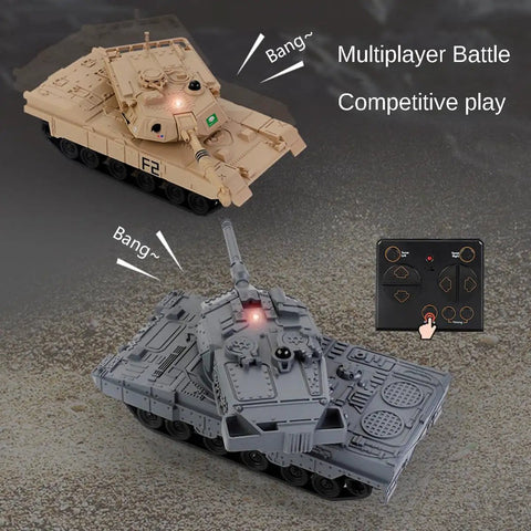 Two Point Four Gigahertz Mini RC Tank Toy With LED Lights Rotating Turret One To Sixty Four Scale battling on rough terrain