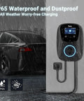 Top Tier Smooth Operator Level 2 Electric Vehicle Charger For Tesla And Most Plug In Cars Slick J1772 Connector in rain