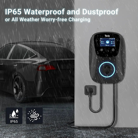 Top Tier Smooth Operator Level 2 Electric Vehicle Charger For Tesla And Most Plug In Cars Slick J1772 Connector in rain