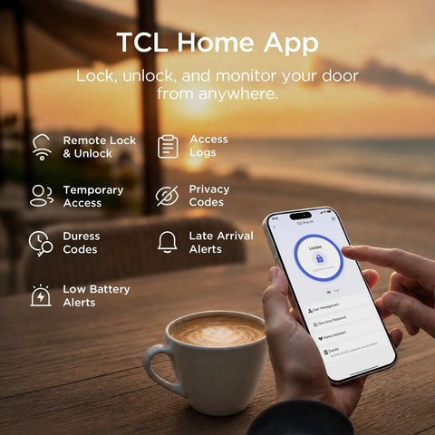 User accessing TCL Home App on phone for Next Level Smart Front Door Lock Featuring Lightning Fast Fingerprint Keyless Entry Deadbolt.