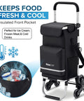 Grocery Cart That Climbs Stairs Foldable With 55L Cooler Pocket And 110 Lb Capacity, three-wheel design, insulated front pocket
