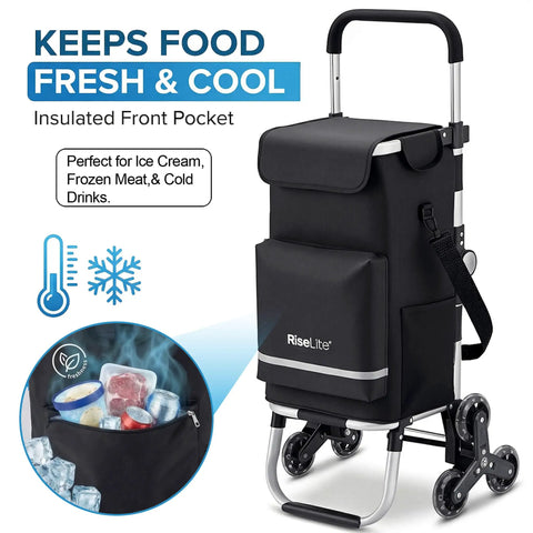 Grocery Cart That Climbs Stairs Foldable With 55L Cooler Pocket And 110 Lb Capacity, three-wheel design, insulated front pocket