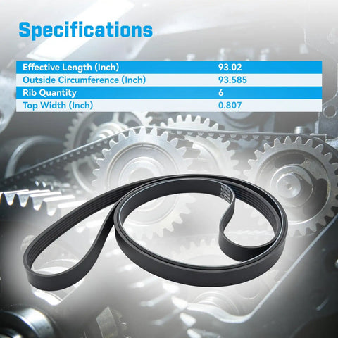 Top Tier EPDM Serpentine Drive Belt compatible with Chevy Silverado with specifications including length, rib quantity, and width.