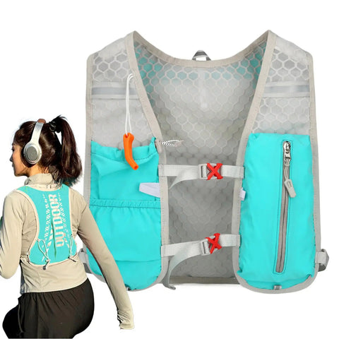 Hydration Backpack For Hiking And Trail Running 5L with adjustable straps and multiple pockets, shown on a person outdoors.