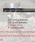 Side view of 1/2 in carbide end mill, 4-flute, AlTiN-coated; 4 in overall length, 2 in length of cut